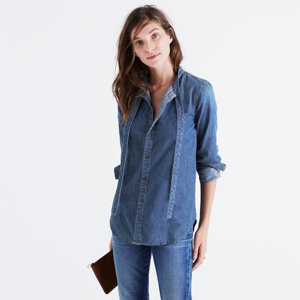 Madewell Blue Denim Tie Neck Top